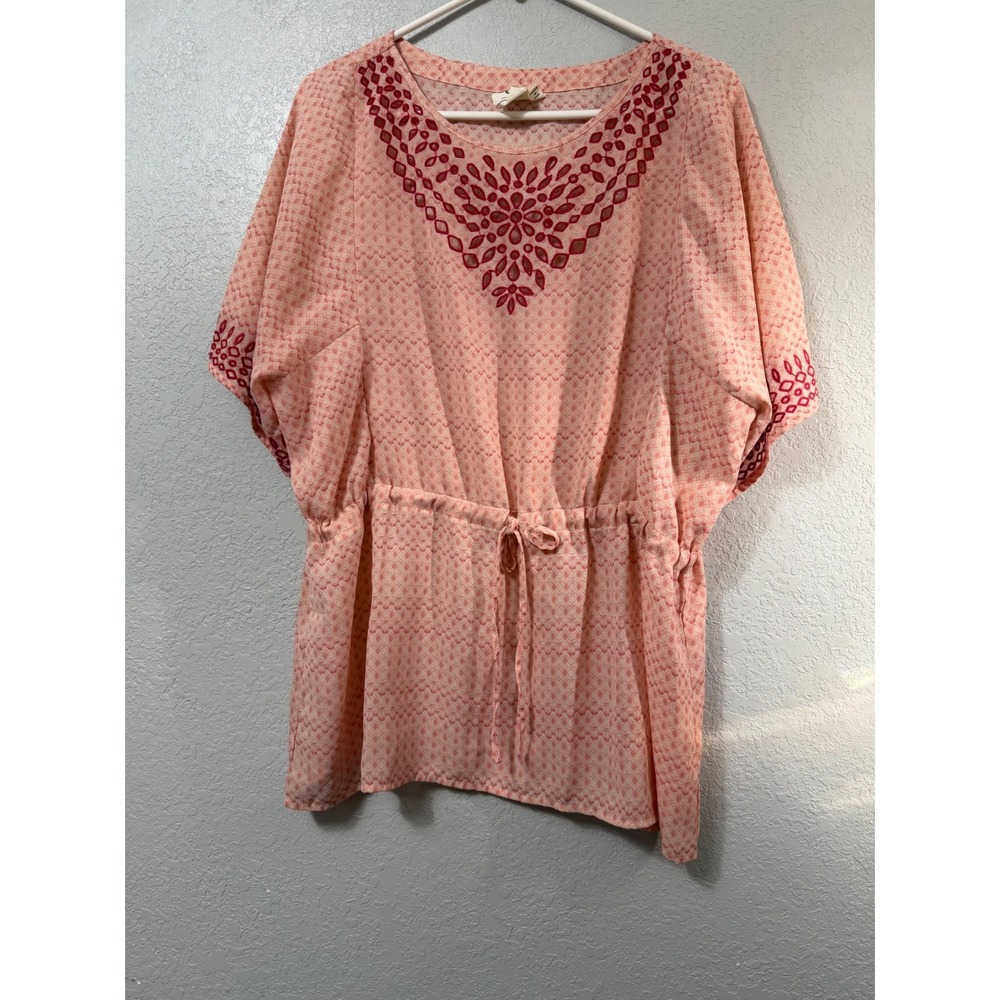 One September Anthropologie Peach Pink Embroidered Drawstring Tunic Top S READ
